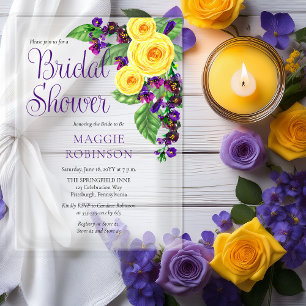 Yellow Roses Violets Boho Floral Bridal Shower アクリル招待状