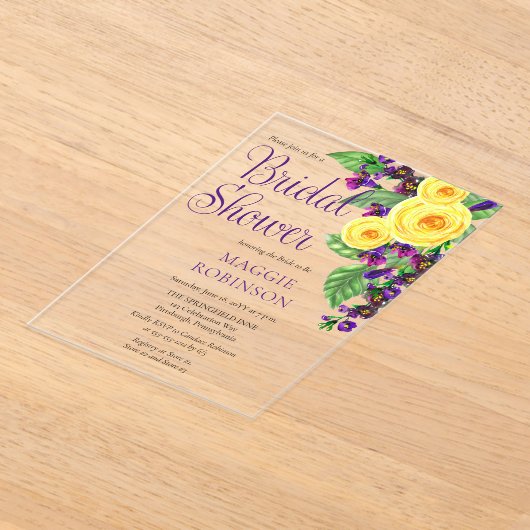 Yellow Roses | Violets Boho Floral Bridal Shower アクリル招待状 (レイダウン)