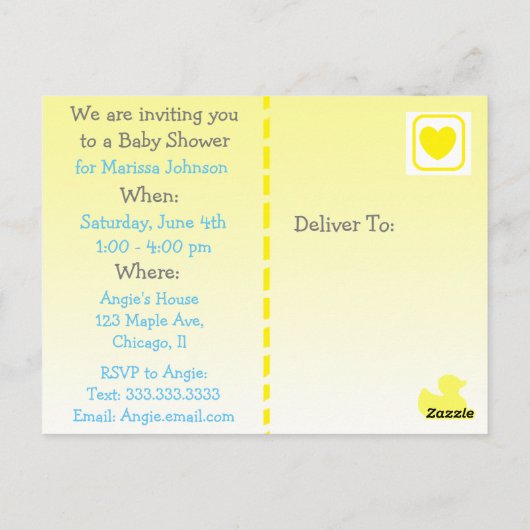 Yellow Rubber Duckie Baby'Shower Invitation ポストカード (裏面)