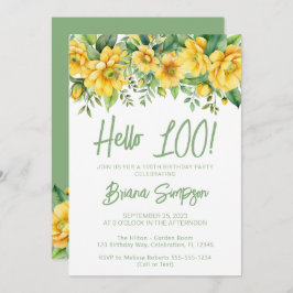 Yellow Sage Green Floral 100th Birthday Party 招待状