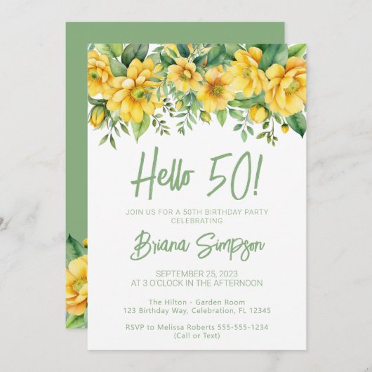 Yellow Sage Green Floral 50th Birthday Party 招待状 (正面/裏面)