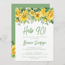 Yellow Sage Green Floral 90th Birthday Party 招待状