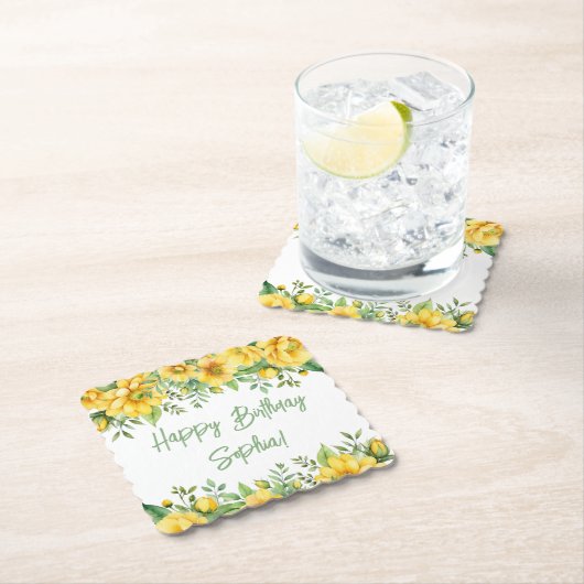Yellow Sage Green Flowers Floral Party Napkins ペーパーコースター (インサイチュ)