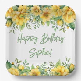 Yellow Sage Green Flowers Floral Party Napkins ペーパープレート