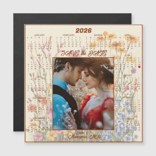Yellow Save the Date Engaged Couple Magnetic  (正面/裏面)