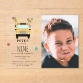 Yellow School Bus Kids Birthday Party Custom Photo アクリル招待状 (正面)