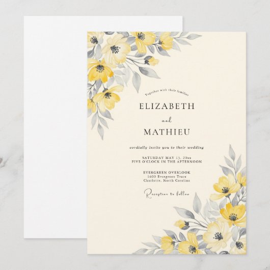 Yellow Silver Dainty Spring Wedding 招待状 (正面/裏面)