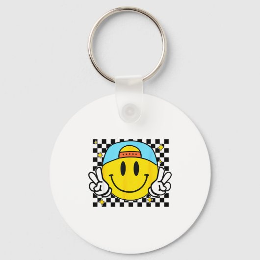 Yellow Smile Face Cute Checkered Peace Smiling Hap キーホルダー (正面)