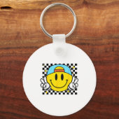 Yellow Smile Face Cute Checkered Peace Smiling Hap キーホルダー (正面)