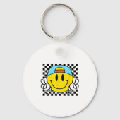 Yellow Smile Face Cute Checkered Peace Smiling Hap キーホルダー (正面)
