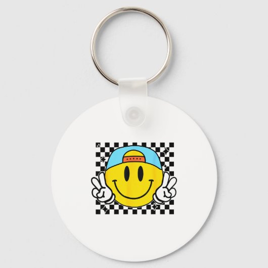 Yellow Smile Face Cute Checkered Peace Smiling Hap キーホルダー (正面)