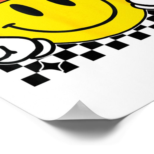 Yellow Smile Face Cute Checkered Peace Smiling Hap ポスター (角)