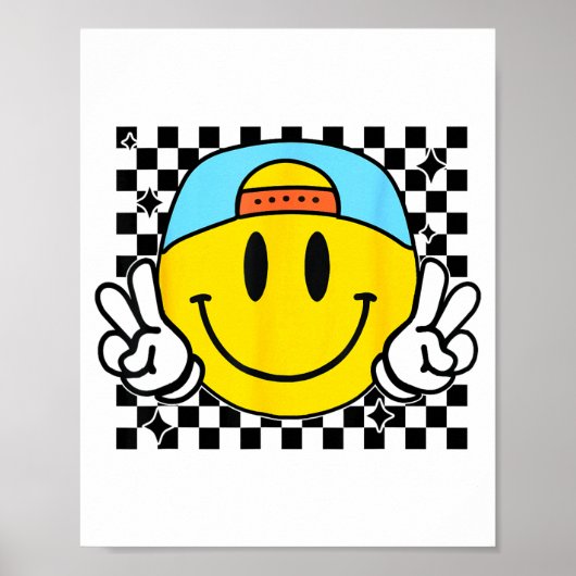 Yellow Smile Face Cute Checkered Peace Smiling Hap ポスター (正面)