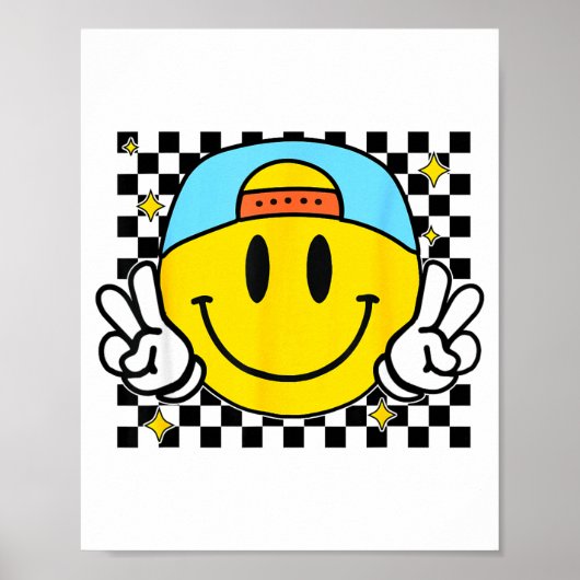 Yellow Smile Face Cute Checkered Peace Smiling Hap ポスター (正面)