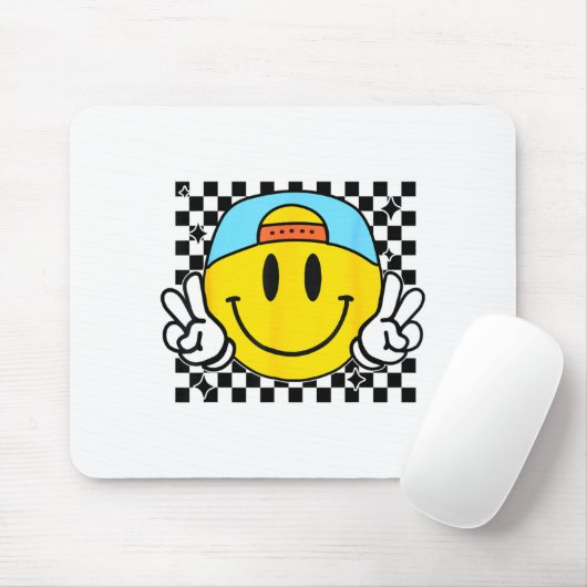 Yellow Smile Face Cute Checkered Peace Smiling Hap マウスパッド (マウス)