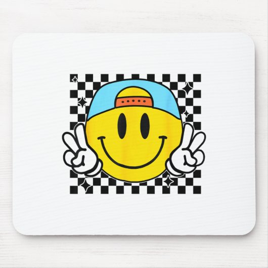 Yellow Smile Face Cute Checkered Peace Smiling Hap マウスパッド (正面)