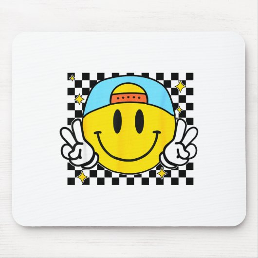 Yellow Smile Face Cute Checkered Peace Smiling Hap マウスパッド (正面)