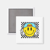 Yellow Smile Face Cute Checkered Peace Smiling Hap マグネット (正面/裏面)