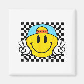 Yellow Smile Face Cute Checkered Peace Smiling Hap マグネット (正面)