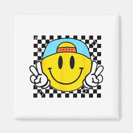 Yellow Smile Face Cute Checkered Peace Smiling Hap マグネット (正面)
