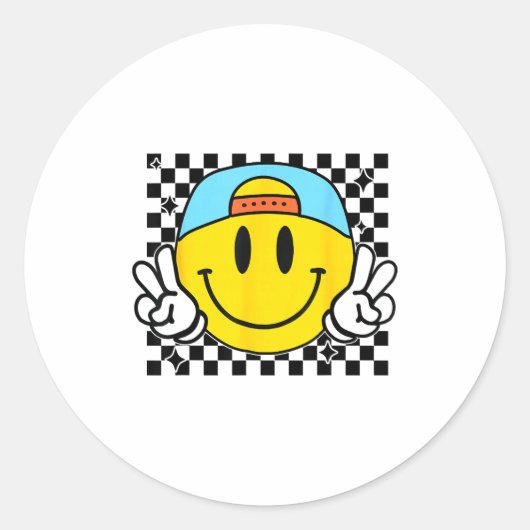 Yellow Smile Face Cute Checkered Peace Smiling Hap ラウンドシール (正面)