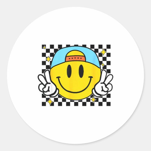 Yellow Smile Face Cute Checkered Peace Smiling Hap ラウンドシール (正面)