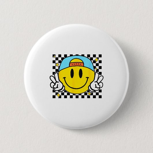 Yellow Smile Face Cute Checkered Peace Smiling Hap 缶バッジ (正面)