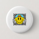 Yellow Smile Face Cute Checkered Peace Smiling Hap 缶バッジ (正面)