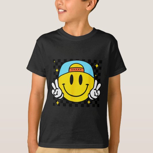 Yellow Smile Face Cute Checkered Peace Smiling Hap Tシャツ (正面)