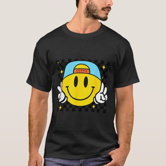 Yellow Smile Face Cute Checkered Peace Smiling Hap Tシャツ (正面)