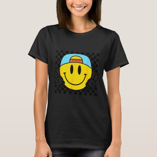 Yellow Smile Face Cute Checkered Peace Smiling Hap Tシャツ (正面)