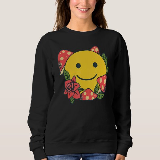 Yellow Smile Smiling Face Cute Mushroom Rose Flo スウェットシャツ (正面)