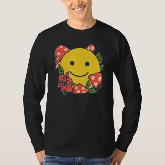 Yellow Smile   Smiling Face Cute Mushroom Rose Flo Tシャツ (正面)