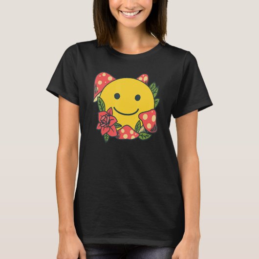 Yellow Smile   Smiling Face Cute Mushroom Rose Flo Tシャツ (正面)
