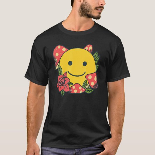 Yellow Smile   Smiling Face Cute Mushroom Rose Flo Tシャツ (正面)