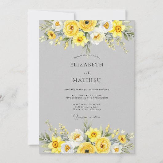 Yellow Sophisticated Floral Wedding 招待状 (正面)