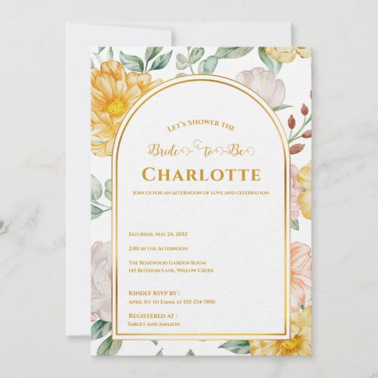Yellow Spring Garden Floral Arch Bridal Shower 招待状 (正面)