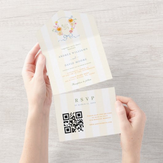 Yellow Stripe Crest Bow Monogram Spring Wedding オールインワン招待状 (貼ってはがせる)