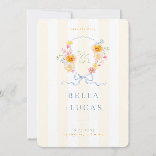 Yellow Stripe Floral Crest Monogram Spring Wedding セーブザデート (正面)