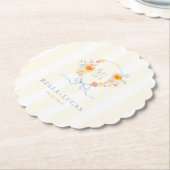 Yellow Stripe Floral Crest Monogram Spring Wedding ペーパーコースター (アングル)