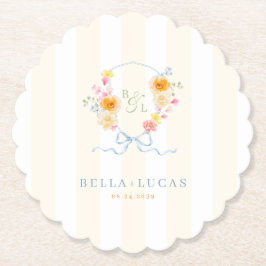 Yellow Stripe Floral Crest Monogram Spring Wedding ペーパーコースター