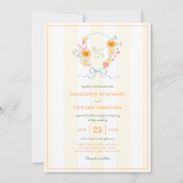 Yellow Stripe Floral Crest Spring Monogram Wedding 招待状