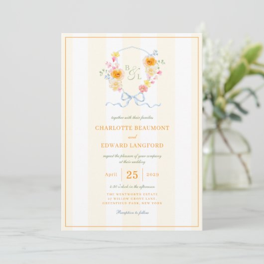 Yellow Stripe Floral Crest Spring Monogram Wedding 招待状 (スタンド正面)