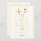 Yellow Stripe Floral Crest Spring Monogram Wedding 招待状 (正面/裏面)
