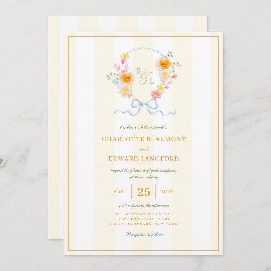 Yellow Stripe Floral Crest Spring Monogram Wedding 招待状 (正面/裏面)