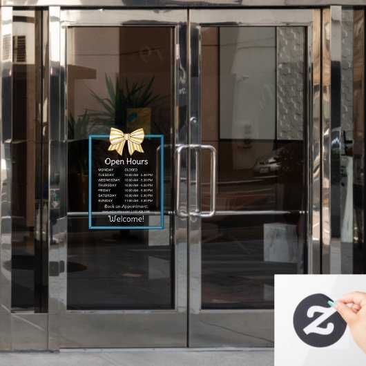 Yellow Striped Bow Blue Frame Open Hours Number ウィンドウサイン (オフィスドア)