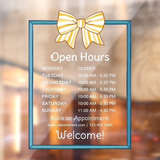 Yellow Striped Bow Blue Frame Open Hours Number ウィンドウサイン (シート2)