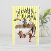 Yellow Striped Merry & Bright Christmas Photo シーズンカード (スタンド正面)