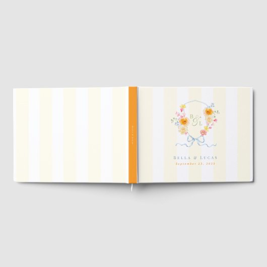 Yellow Stripes Bow Crest Monogram Spring Wedding ゲストブック (全面)