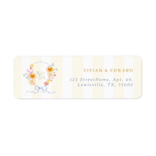 Yellow Stripes Crest Spring Wedding Return Address ラベル (正面)